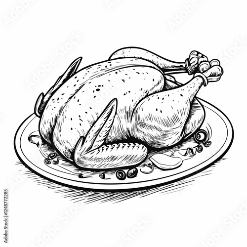Roast Chicken Food Meal Menu Dish Delicious Cuisine Eat Sketch Style
