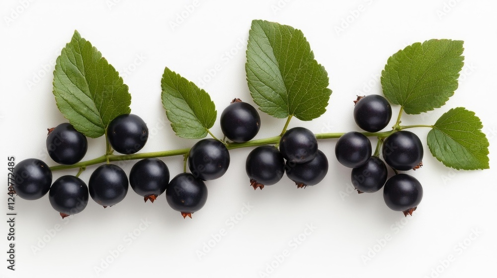 Perfect Row of Black Currants with Green Leaves on White. Generative AI Perfect Row of Black Currants with Green Leaves on White. Generative AI