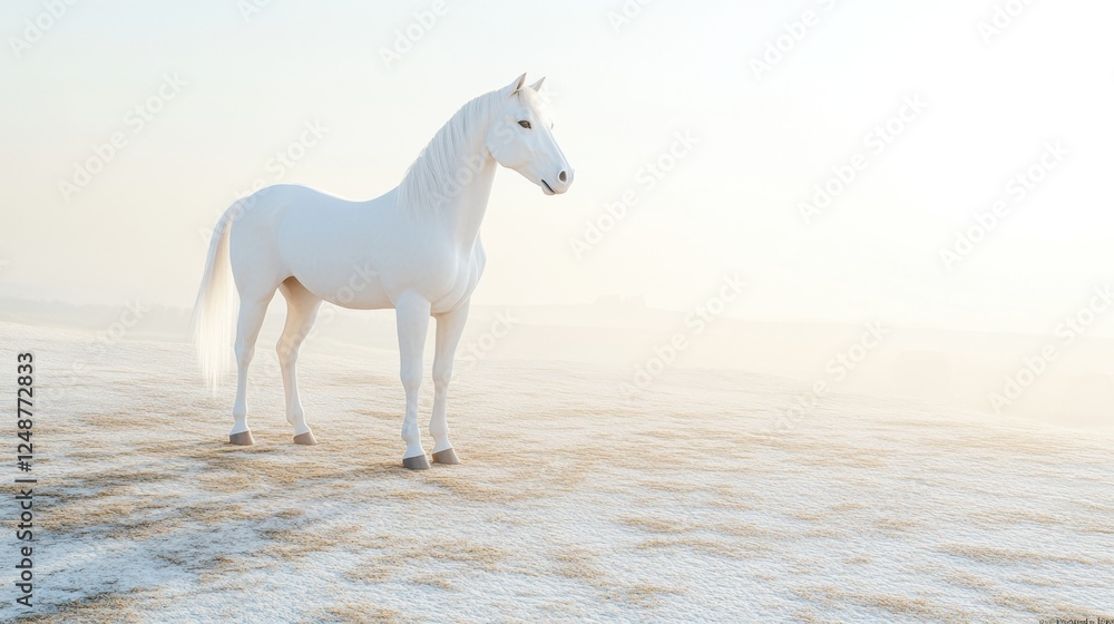 Majestic white horse standing in a misty winter landscape Majestic white horse standing in a misty winter landscape