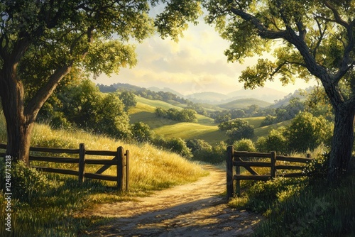 Wallpaper Mural Dirt path through gate in a field of grass with hills in background; ideal landscape use Torontodigital.ca