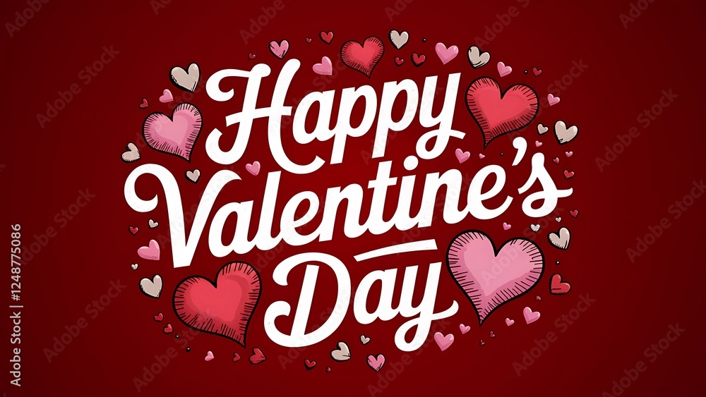 Naklejka premium Happy Valentine's Day Hand-Drawn Cursive Text with Hearts and Confetti on a Red Vintage Background