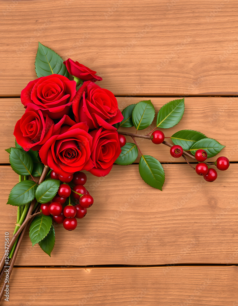 horizontal image of a group of bold red roses and cranberries placed on one side of the image on an old rustic wood plank background great idea for a greeting card, vector style. with white shades horizontal image of a group of bold red roses and cranberries placed on one side of the image on an old rustic wood plank background great idea for a greeting card, vector style. with white shades