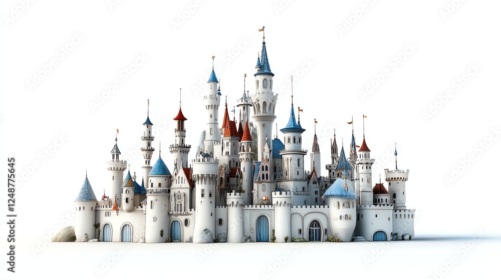 a fantasy castle theme park, towering spires, whimsical architecture, enchanted atmosphere, storybook style, isolated on white background a fantasy castle theme park, towering spires, whimsical architecture, enchanted atmosphere, storybook style, isolated on white background