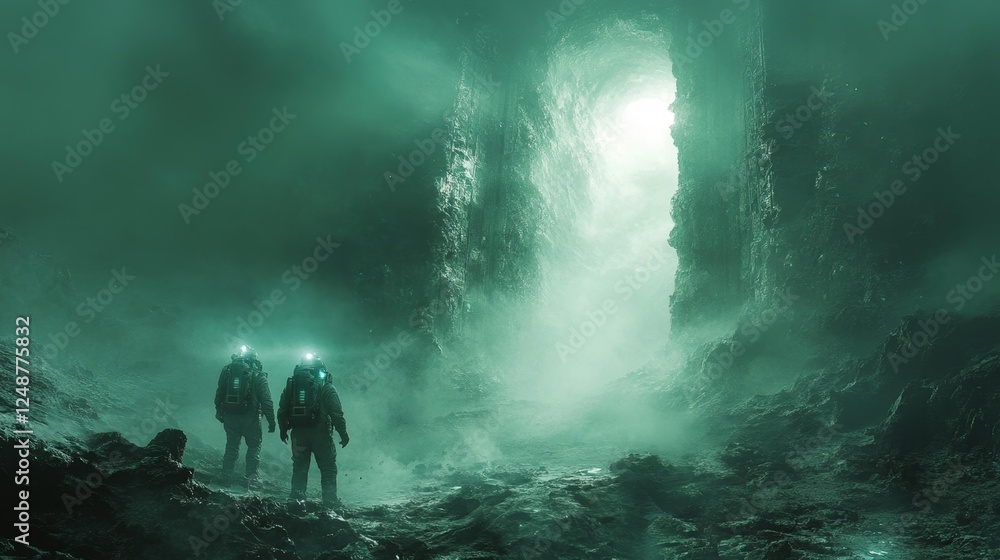 Fototapeta premium Explorers with Headlamps in a Mysterious Cave. Generative AI