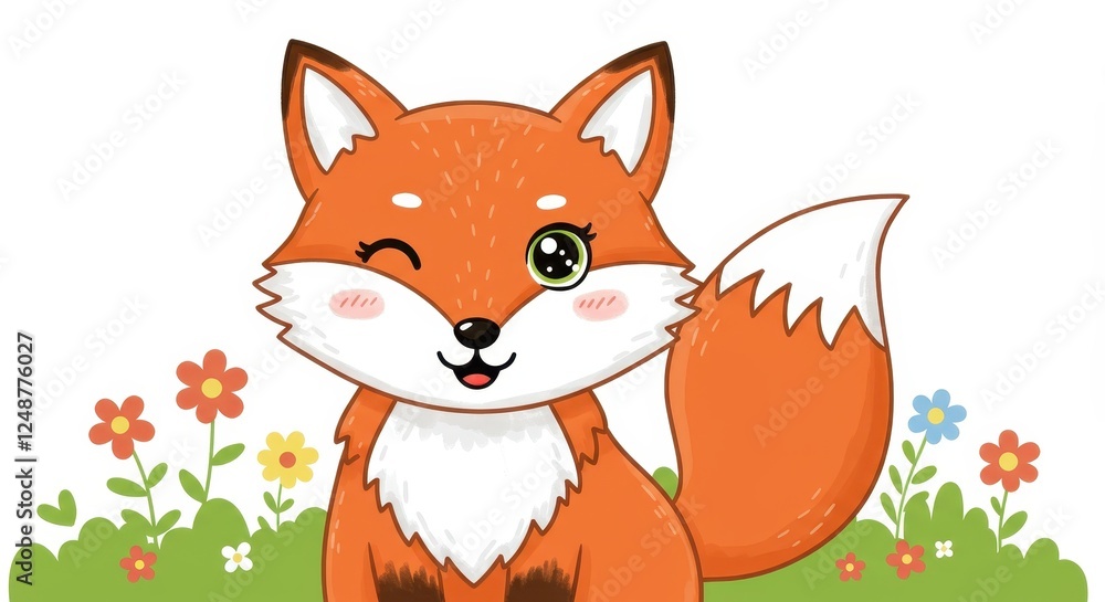 Fototapeta premium Cute Fox Illustration with Flowers and Wink - Perfect for Children's Books and Greeting Cards