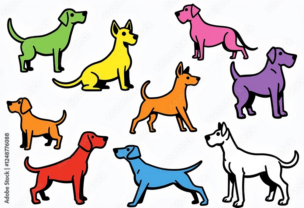 Fototapeta premium Bold & Simple Dog Art: Black Line Drawings with Vibrant Color Accents - Green, Yellow, Blue, Purple, Orange, Red, and Pink on White Background.