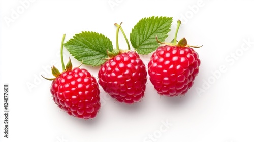 Three Fresh Raspberries with Green Leaves Isolated. Generative AI photo