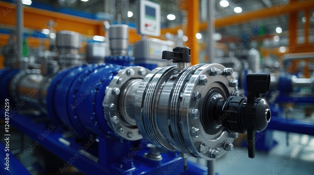 Close-Up of Industrial Pump with Metallic Components in Factory Setting Close-Up of Industrial Pump with Metallic Components in Factory Setting