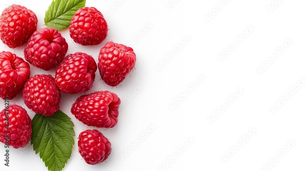 Fresh Raspberries with Green Leaves on White. Generative AI Fresh Raspberries with Green Leaves on White. Generative AI