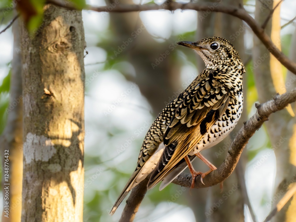 Obraz premium 森の中の木陰で枝に留まって周りを見渡しているトラツグミ