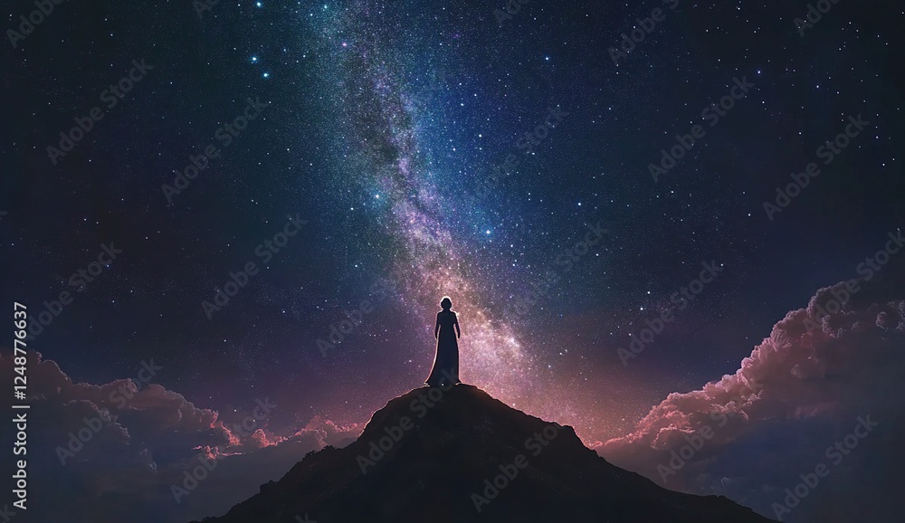 Fototapeta premium Woman Contemplates Vast Night Sky, Starry Milky Way Galaxy Above Mountaintop Silhouetted Against Clouds Wonderfully