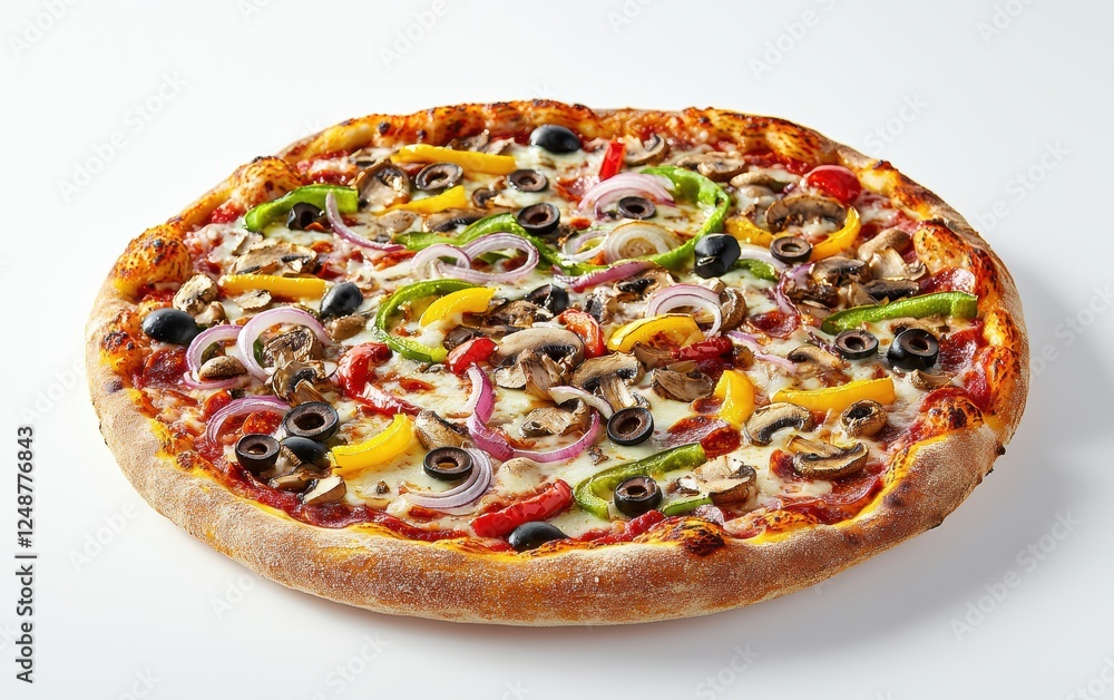A fresh veggie pizza with flying bell peppers, onions, mushrooms, and olives in motion, bright white background A fresh veggie pizza with flying bell peppers, onions, mushrooms, and olives in motion, bright white background