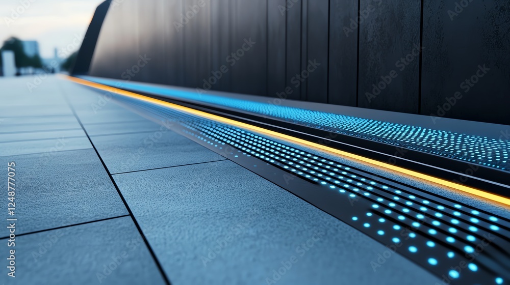 Obraz premium a modern sidewalk with embedded LED lights, smart city design, sleek and innovative, ultradetailed, isolated on white background