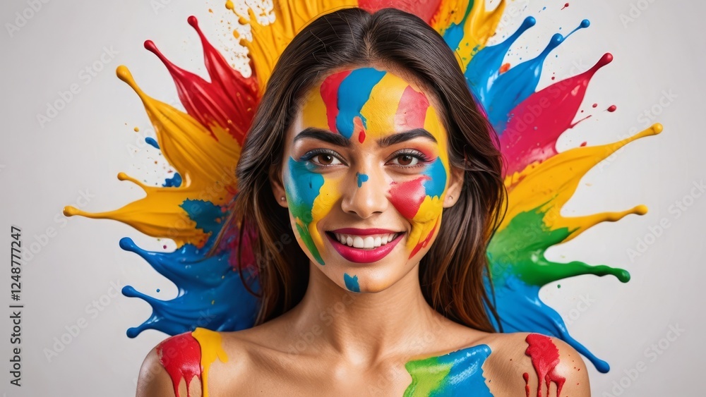 Obraz premium Smiling woman with colorful paint splashes on face and background