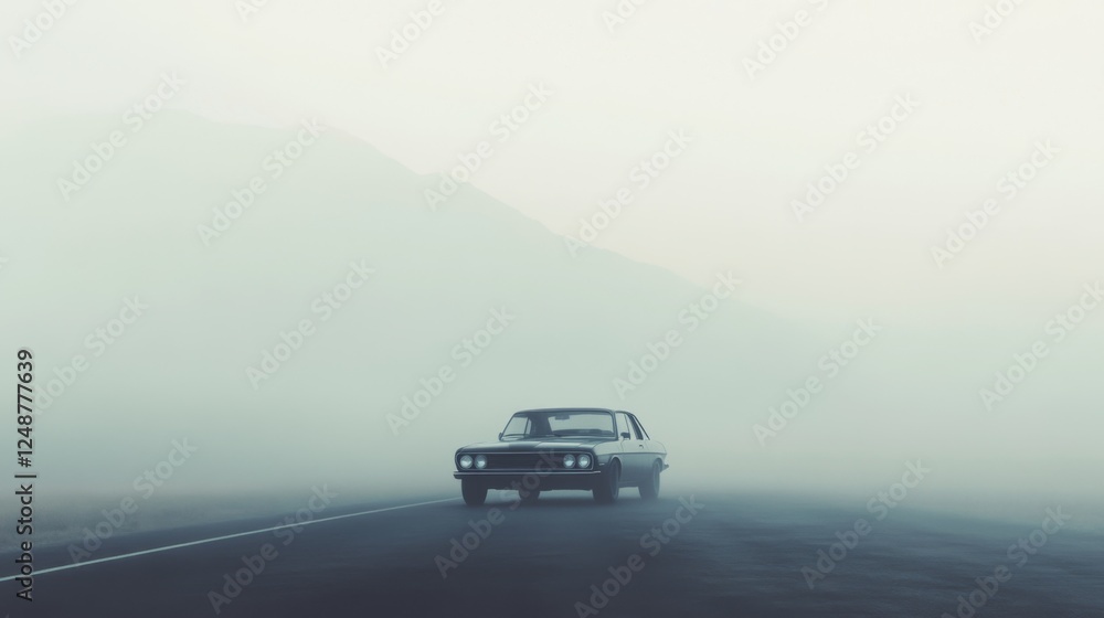 Fototapeta premium Classic car driving on foggy desert road