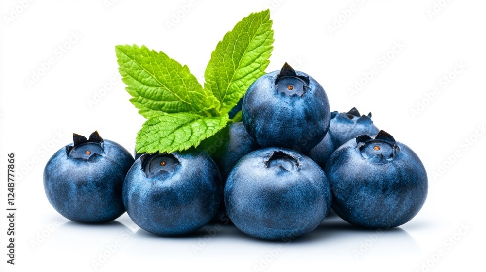 Obraz premium Fresh Blueberries with Natural Dew Drops and Green Leaves. Generative AI