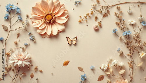 Un arreglo plano con flores secas en varios tonos de beige y colores apagados, incluida una flor grande de color melocotón y flores más pequeñas de color blanco y azul