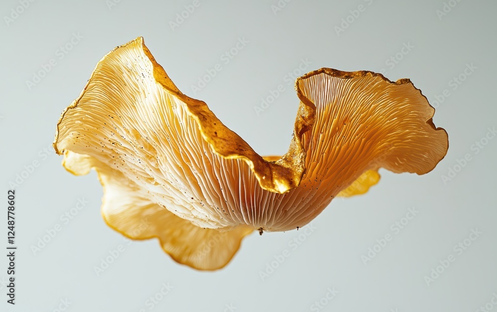 A golden chanterelle mushroom suspended in the air with soft warm glow clean white background A golden chanterelle mushroom suspended in the air with soft warm glow clean white background