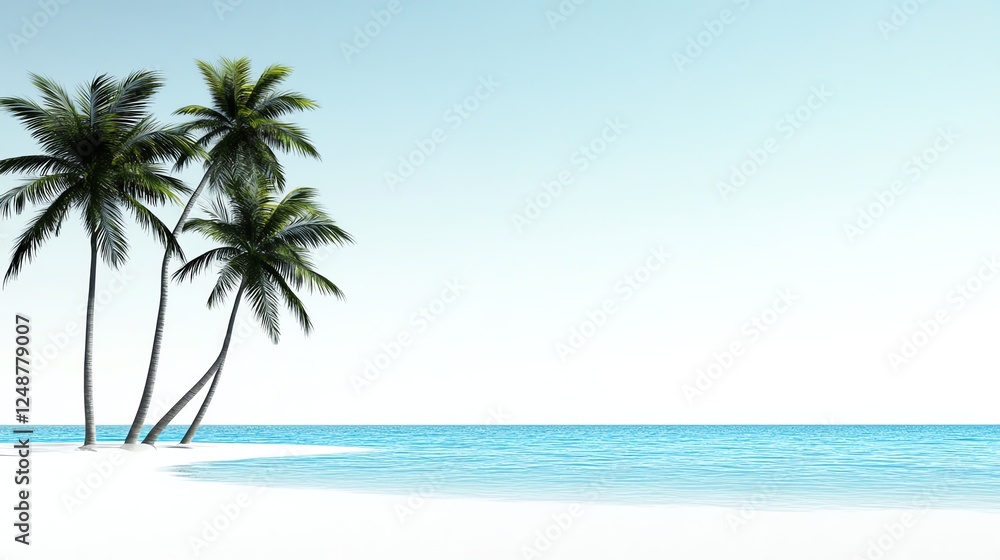 Obraz premium a tropical island beach, dense palm trees, hidden paradise, tranquil blue lagoon, cinematic depth, isolated on white background