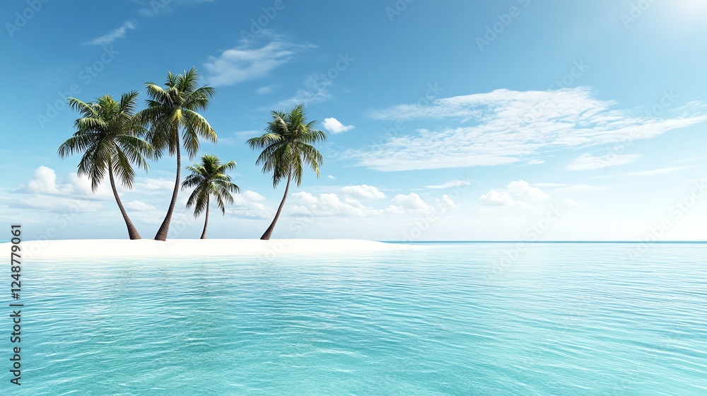 Fototapeta premium a tropical island beach, dense palm trees, hidden paradise, tranquil blue lagoon, cinematic depth, isolated on white background