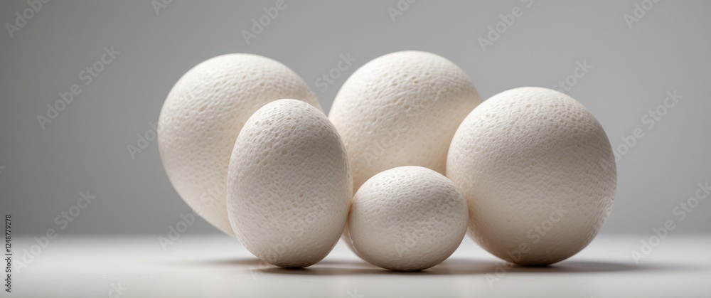 Fototapeta premium A collection of various sized eggs with textured shells, showcased against a light neutral background.