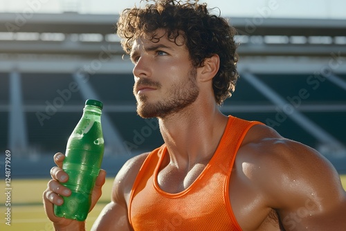 A commercial advertisement featuring an athletic man in his late thirties, wearing an orange tank top and holding a green water bottle at a stadium