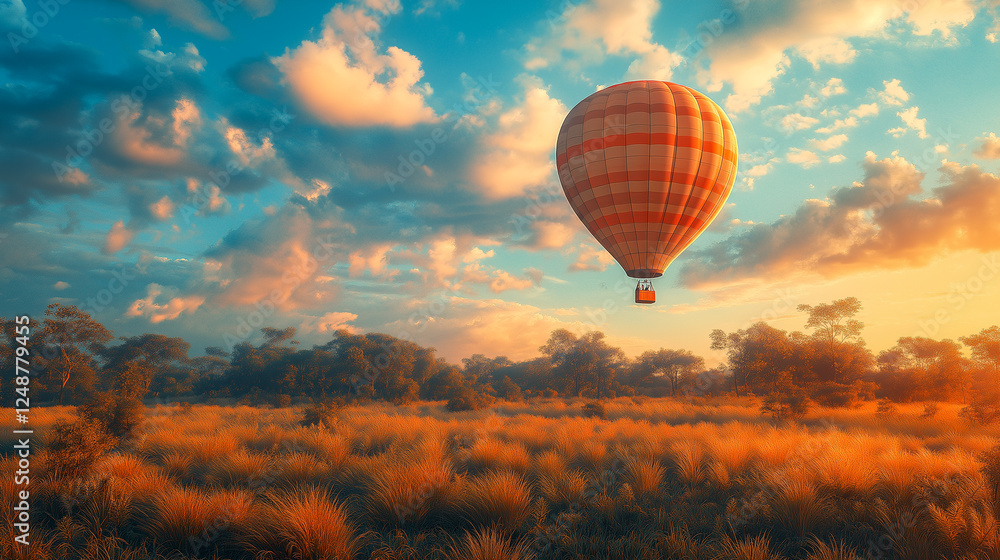 Fototapeta premium Sunset voyage: A serene hot air balloon drifts above a golden meadow under a sky painted with hues of orange and blue.