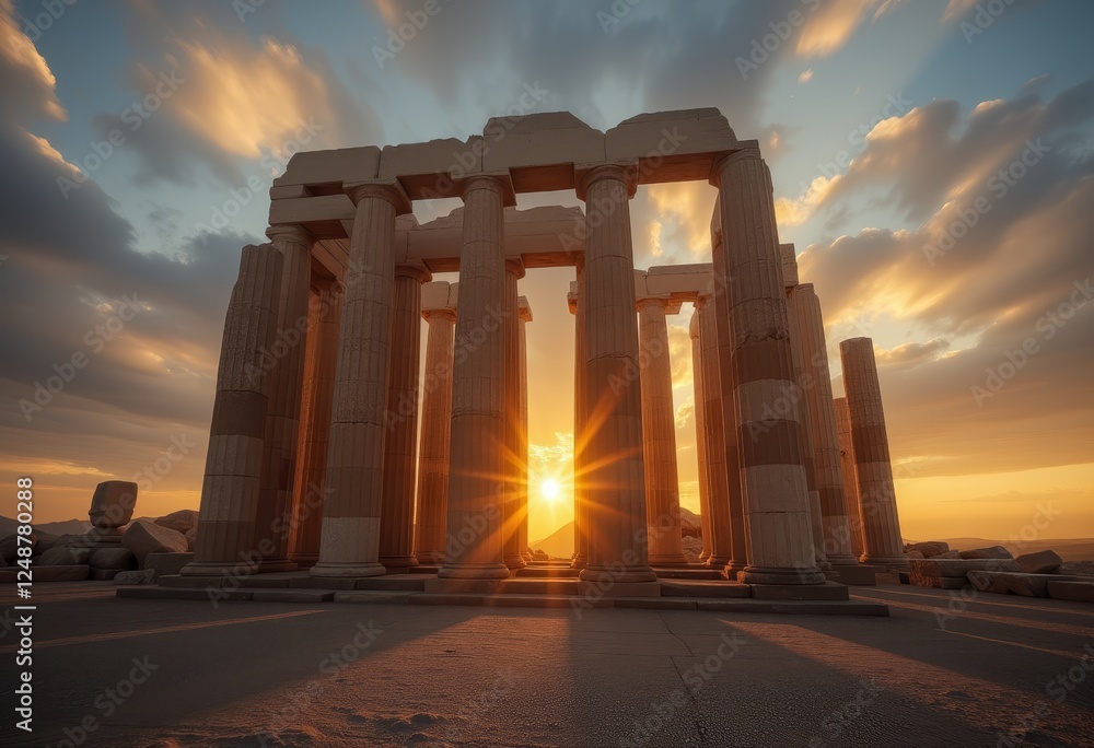 Fototapeta premium Ancient Greek temple at sunset with dramatic clouds and golden sunlight creating a majestic and awe-inspiring scene