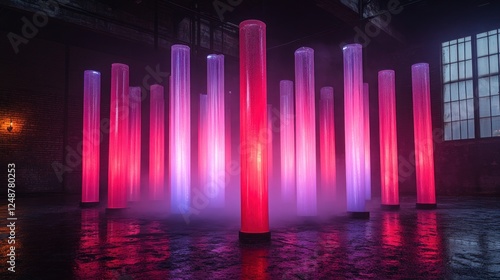 Glowing pink and purple cylinders in a dark industrial space.