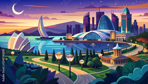 Baku, Azerbaijan. View of the Crescent Bay business center and Port of Baku from the upland park. Evening Baku Boulevard.