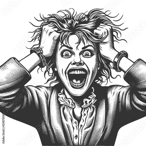 Crazy mad woman with voluminous curls, pulling her hair with a wide-eyed, manic grin, excitement, chaos, or playful madness sketch engraving generative ai vector. Scratch board. Black and white.