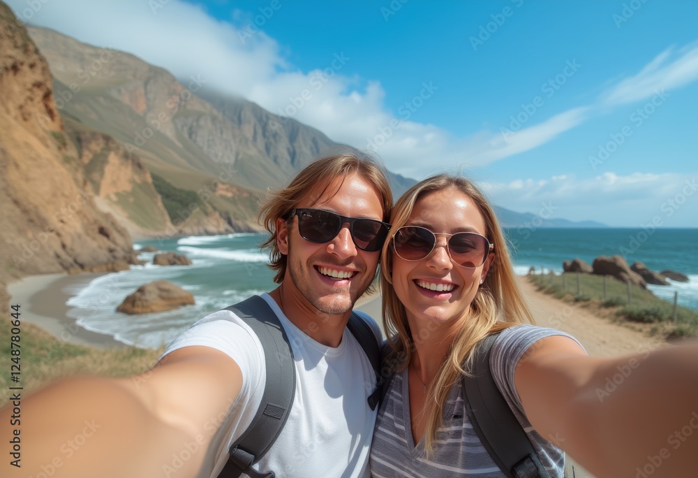 Happy couple taking a selfie on a scenic coastal road with breathtaking views of the ocean and mountains in the background Happy couple taking a selfie on a scenic coastal road with breathtaking views of the ocean and mountains in the background