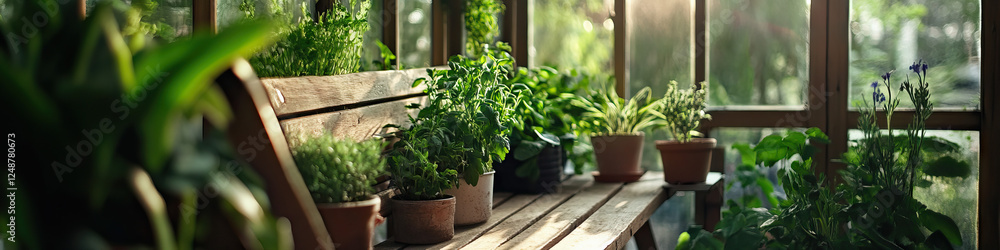 Sunlit Sunroom with Potted Herbs and Plants on Wooden Bench Sunlit Sunroom with Potted Herbs and Plants on Wooden Bench