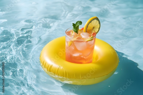 A photo of an inflatable cup holder floating on the water in a pool, with a cocktail inside. The image has a bright and sunny, summer vibe, and appears to be a product photography shot