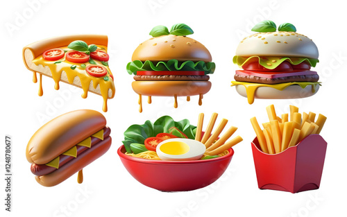 3D realistic vector icon set of fast food, including pizza, taco, hamburger, ramen noodle soup, hot dog, and fries.