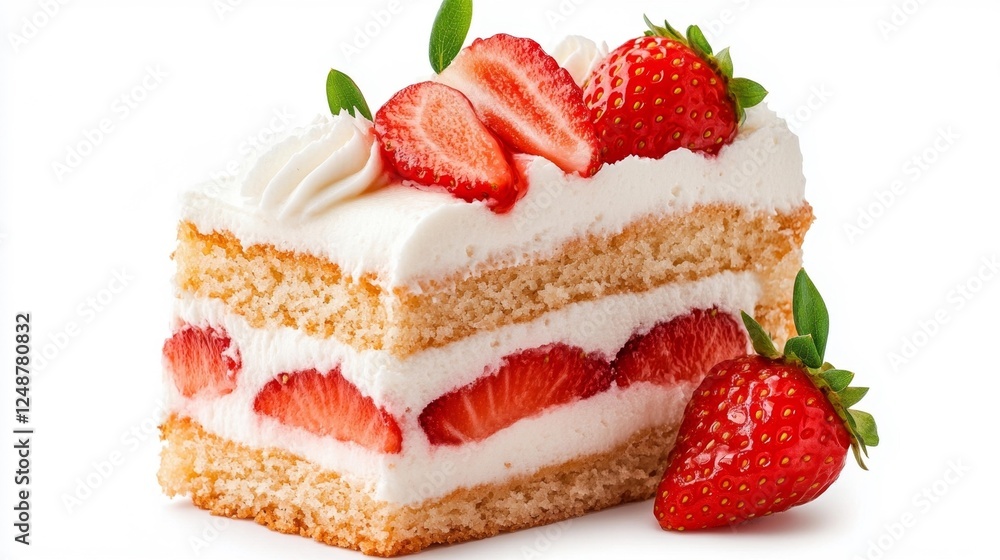 Strawberry Shortcake Slice with Fresh Strawberries on White Isolated Background. Generative AI Strawberry Shortcake Slice with Fresh Strawberries on White Isolated Background. Generative AI