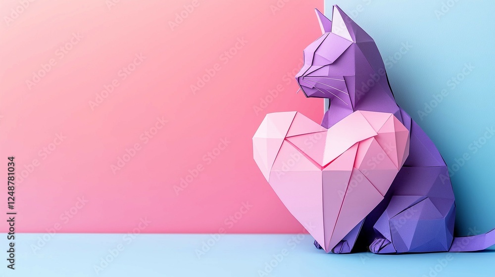 Pastel purple origami cat with with pastel pink origami heart on the right side on a pastel pink and blue background. Copy space, animals love concept.