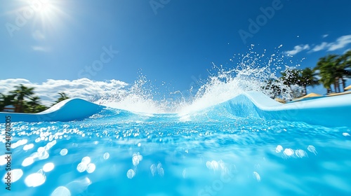 Aqua coaster splashing down into a pool, water droplets frozen midair, highspeed summer thrill ride action