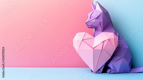 Obraz na płótnie Pastel purple origami cat with with pastel pink origami heart on the right side on a pastel pink and blue background. Copy space, animals love concept. w salonie