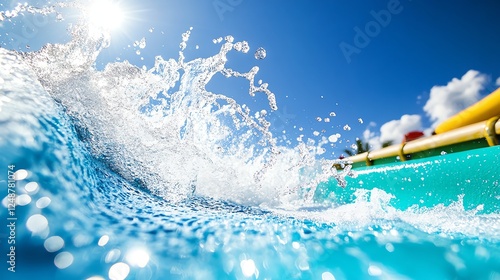 Aqua coaster splashing down into a pool, water droplets frozen midair, highspeed summer thrill ride action