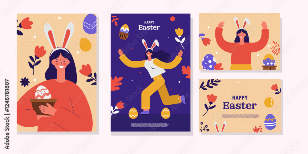 Fototapeta premium Happy easter day with Easter eggs as a background on Media social flat design. Vector illustration poster