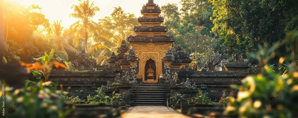 Obraz premium Ancient stone temple embraced by lush greenery, showcasing nature's harmony with historical architecture.