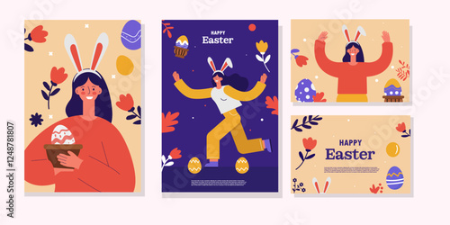 Happy easter day with Easter eggs as a background on Media social flat design. Vector illustration poster