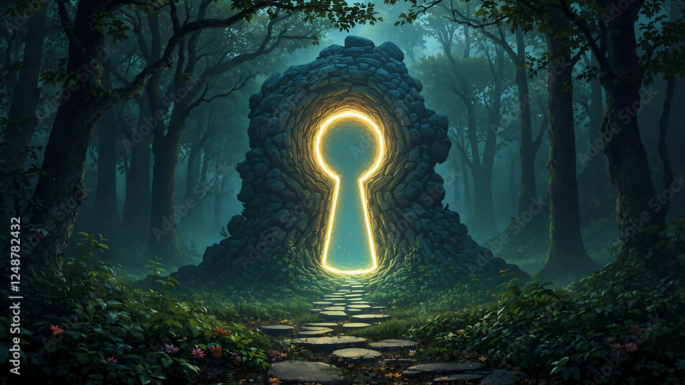 A stone pathway leads to a glowing keyhole-shaped portal in a dark and mysterious forest. A stone pathway leads to a glowing keyhole-shaped portal in a dark and mysterious forest.