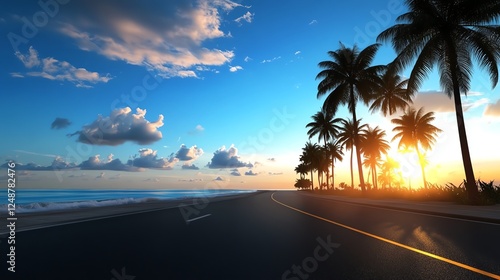 Coastal road, ocean waves crashing, palm trees lining, 3D illustration