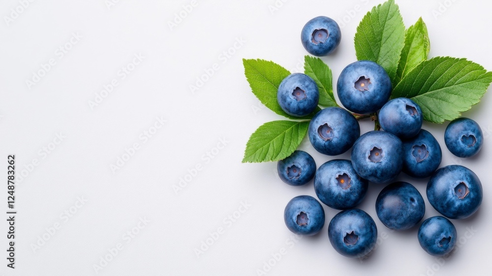 Fresh Blueberries with Green Leaves on White. Generative AI Fresh Blueberries with Green Leaves on White. Generative AI
