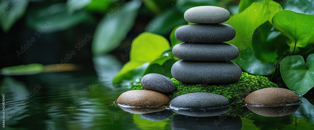 Stacked Stones In A Tranquil Water Garden Stacked Stones In A Tranquil Water Garden