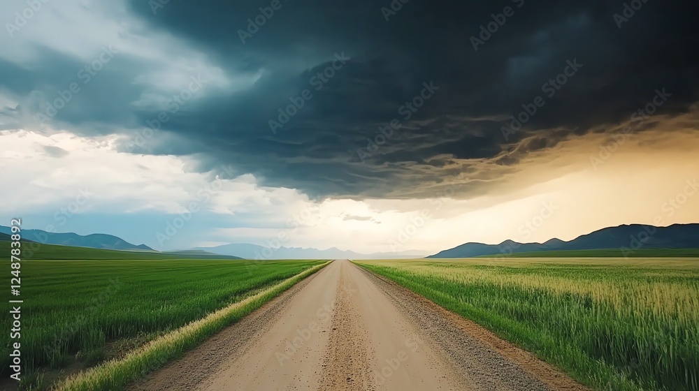 Fototapeta premium Empty road in the middle of an open field, dramatic storm clouds approaching, cinematic tension, moody nature contrast