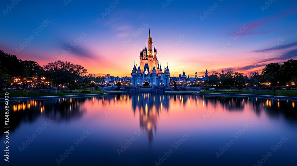 Enchanted fairytale castle glowing at dusk, magical fantasy ambiance, whimsical and dreamlike theme park scenery Enchanted fairytale castle glowing at dusk, magical fantasy ambiance, whimsical and dreamlike theme park scenery