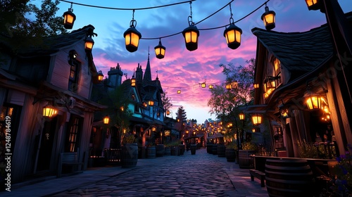 Fantasythemed amusement park street, cobblestone pathways, glowing lanterns, whimsical and storybooklike atmosphere photo